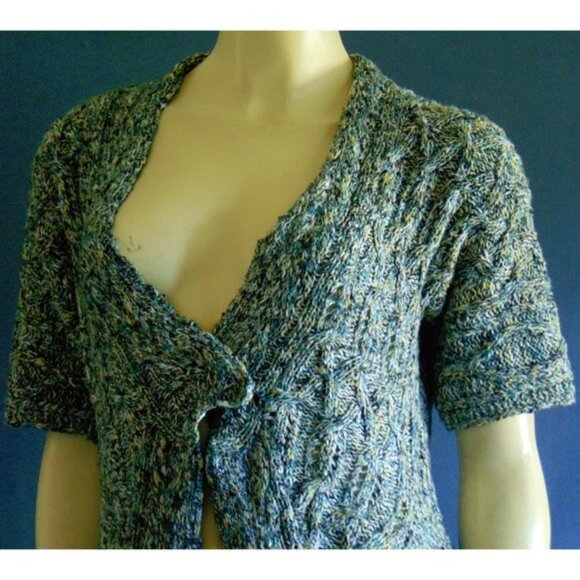 Moth Anthropologie Green Multi Short Sleeve Cable Cotton Blend Cardigan M - Picture 4 of 6
